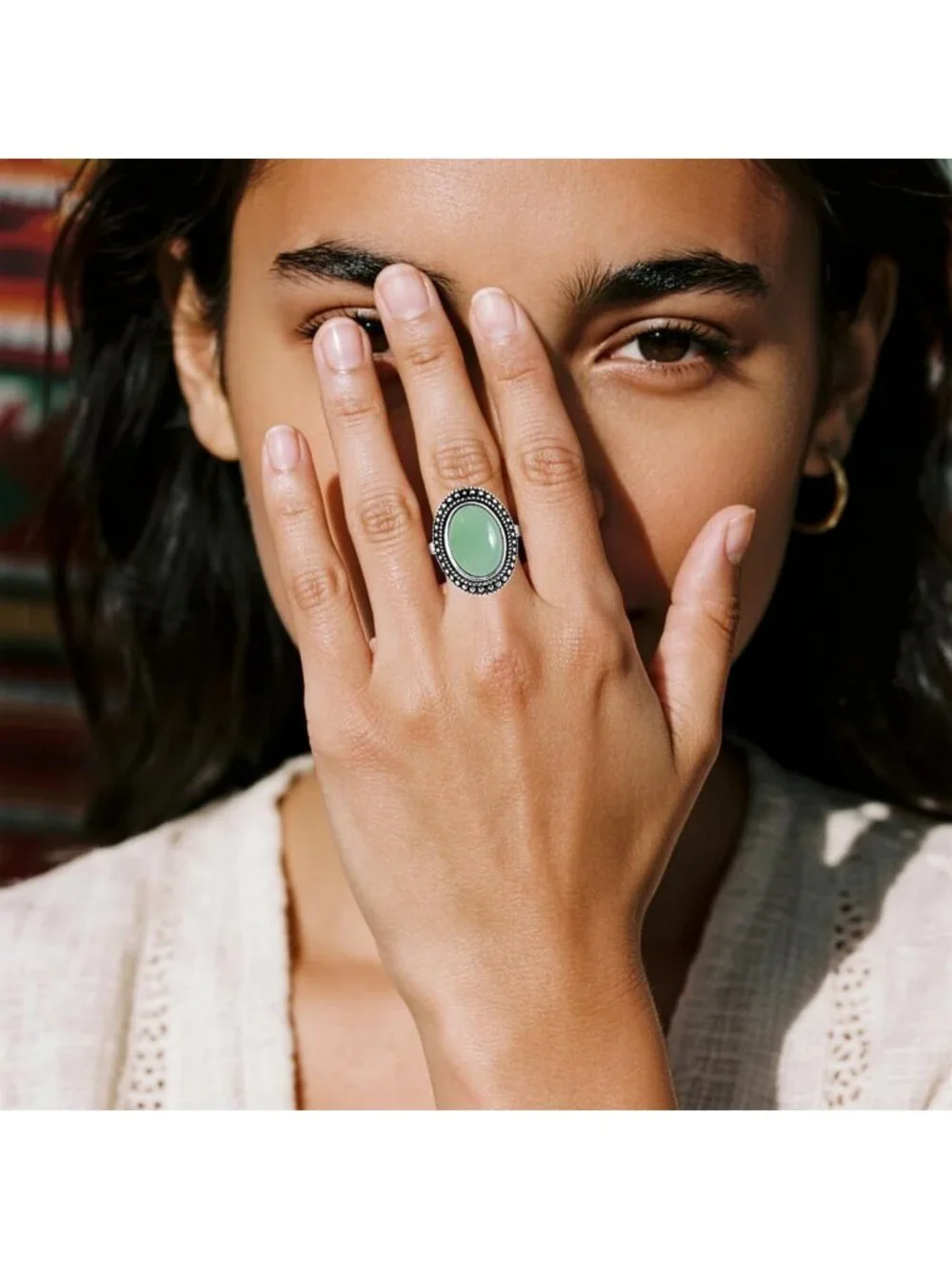 Boho Natural Oval Stone Ring, Antique S925 Silver Crystal Quartz Gemstone